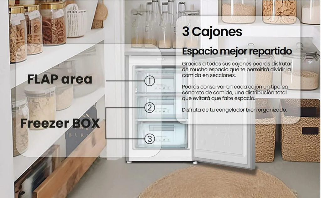 INFINITON CV-A85I - Zamrażarka pionowa, 80 litrów, 85 cm, 3 szuflady, regulacja temperatury, odwracalne drzwi, regulacja wysokości, klasa energetyczna E, Inox