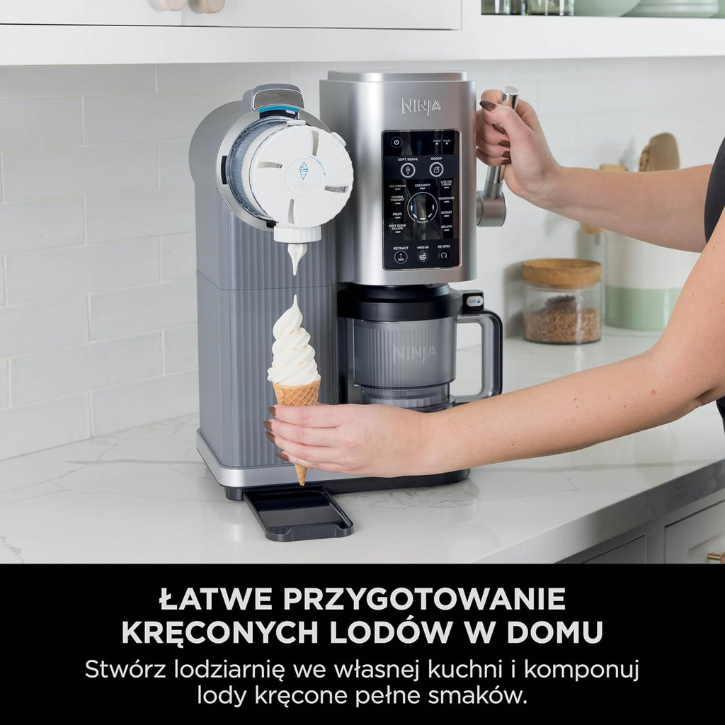 Ninja CREAMI Scoop & Swirl maszynka do lodów z 2 pojemnikami, 13 funkcji, przygotowuje lody, lody włoskie, gelato, sorbety, koktajle mleczne i inne desery, opcja dodatków, Srebrny, NC701EU