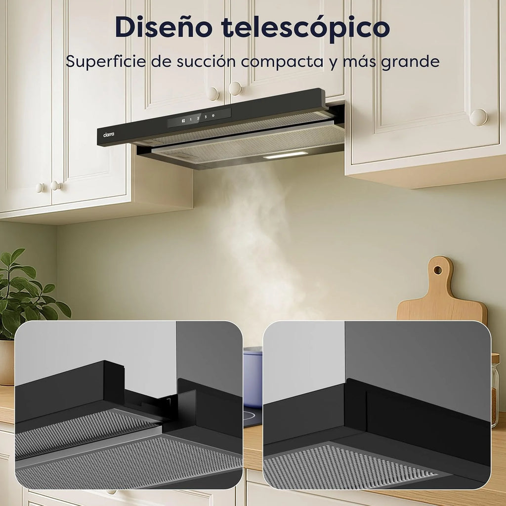 CIARRA CBCB6909A Okap Teleskopowy Czarny Kuchenny 60 cm 600 m³/h Klasa A+ 3 Poziomy Sterowania Dotykowego Oświetlenie LED Filtr Węglowy CBCF055