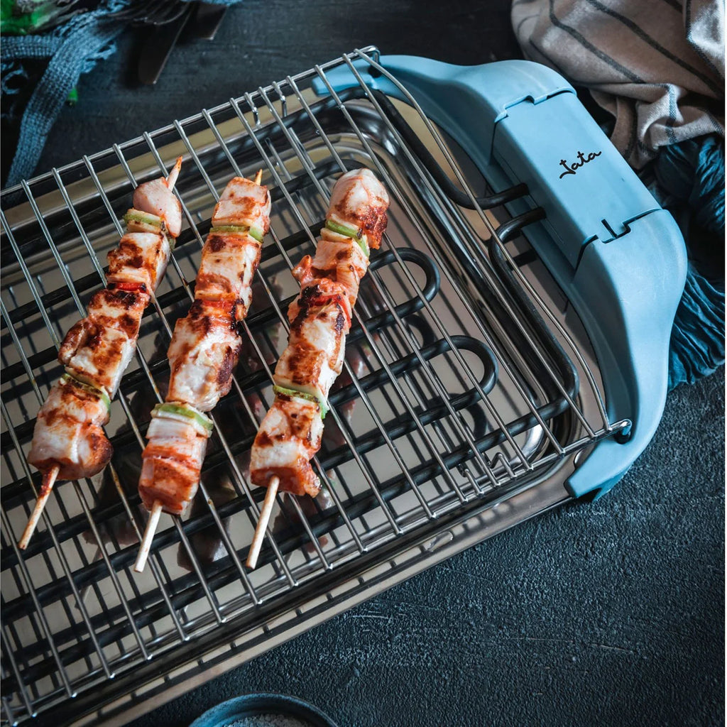 Elektryczny grill Jata Bq5101am. Zdrowe gotowanie bez dymu i zapachów. Ruszt z 2 poziomami wysokości. Wyprodukowano w Hiszpanii