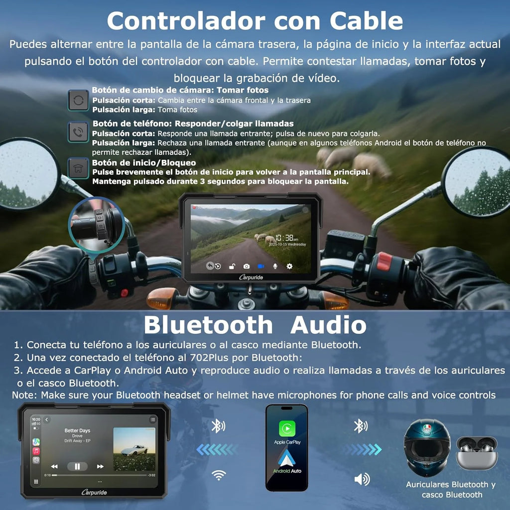 Caruride W702 Plus Android 14 Motocyklowy Wyświetlacz Carplay z Podwójną Kamerą, Bezprzewodowy CarPlay i Android Auto, 7-calowy Wodoodporny Ekran Dotykowy, Dźwięk BT, Nagrywanie w Pętli, Nawigacja Online i Offline.
