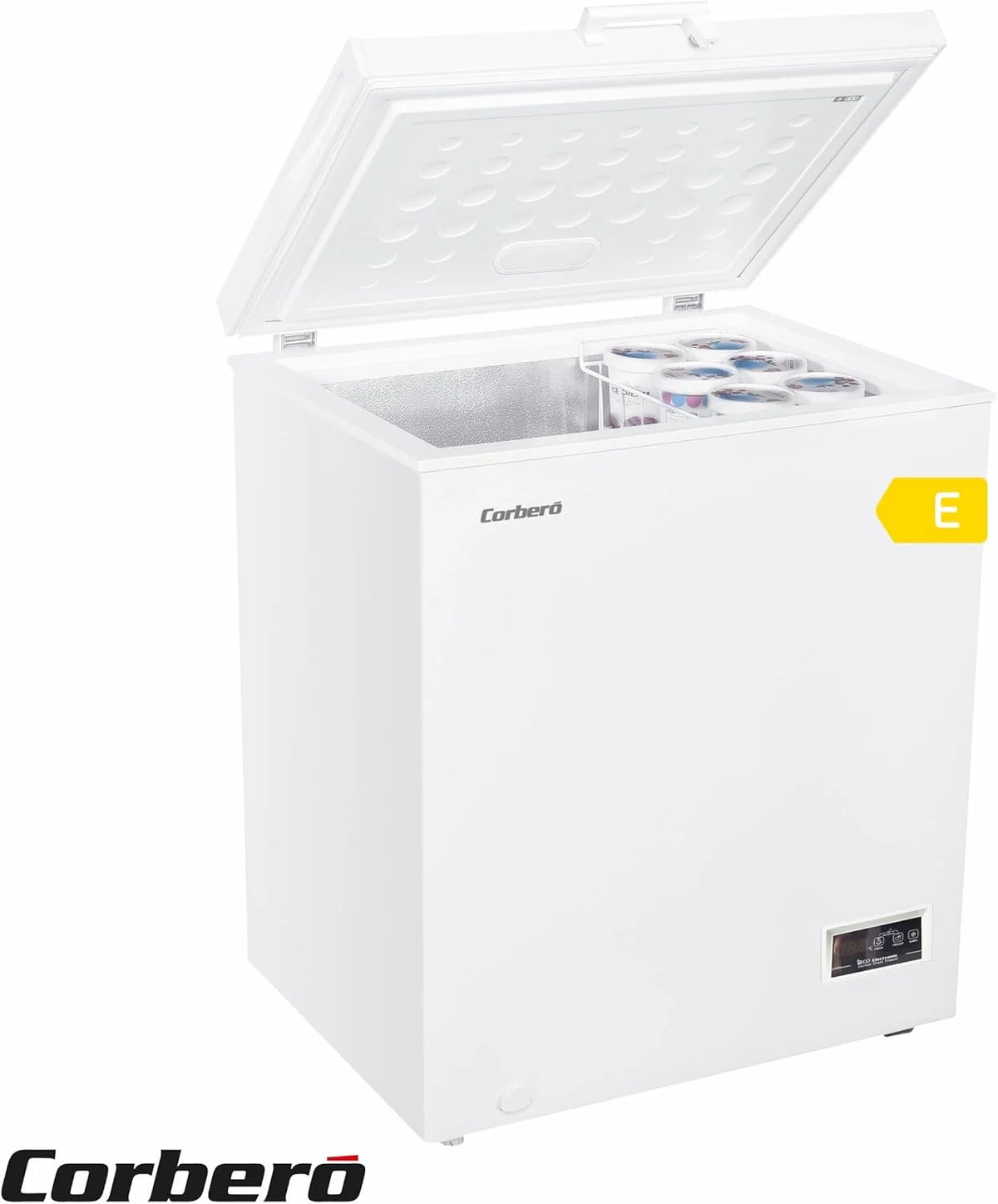 Corbero - Zamrażarka skrzyniowa 142L | CCHH15024E | Elektroniczne sterowanie z wyświetlaczem | Oświetlenie LED | Uchwyt | 1 kosz wewnętrzny | 2 kółka | 2 regulowane nóżki | 40 dB | Klasa energetyczna E | Biała