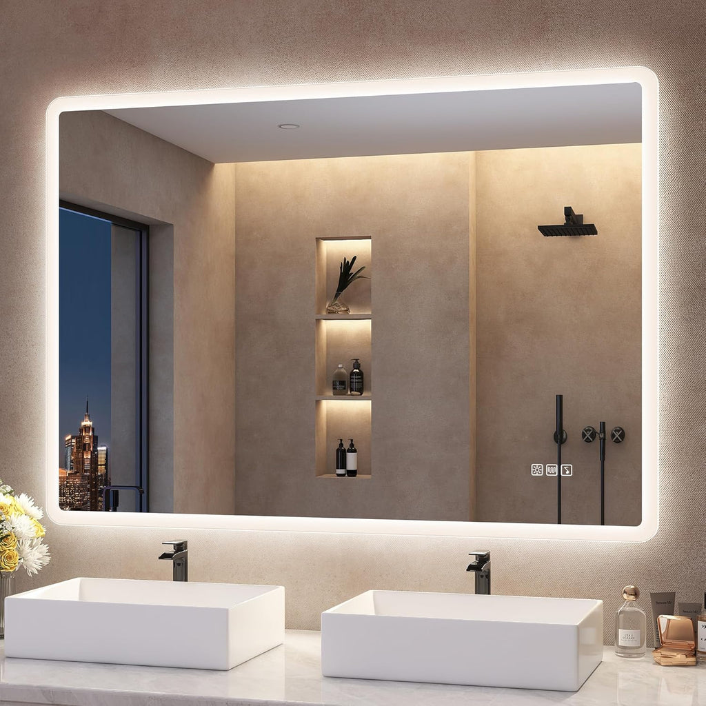 S'bagno Lustro łazienkowe z podświetleniem 100x70cm, Lustro łazienkowe LED Bluetooth, Antypara, 3 kolory, Możliwość ściemniania, Pamięć, Szkło hartowane HD, Wodoodporne IP44, Pionowo/Poziomo