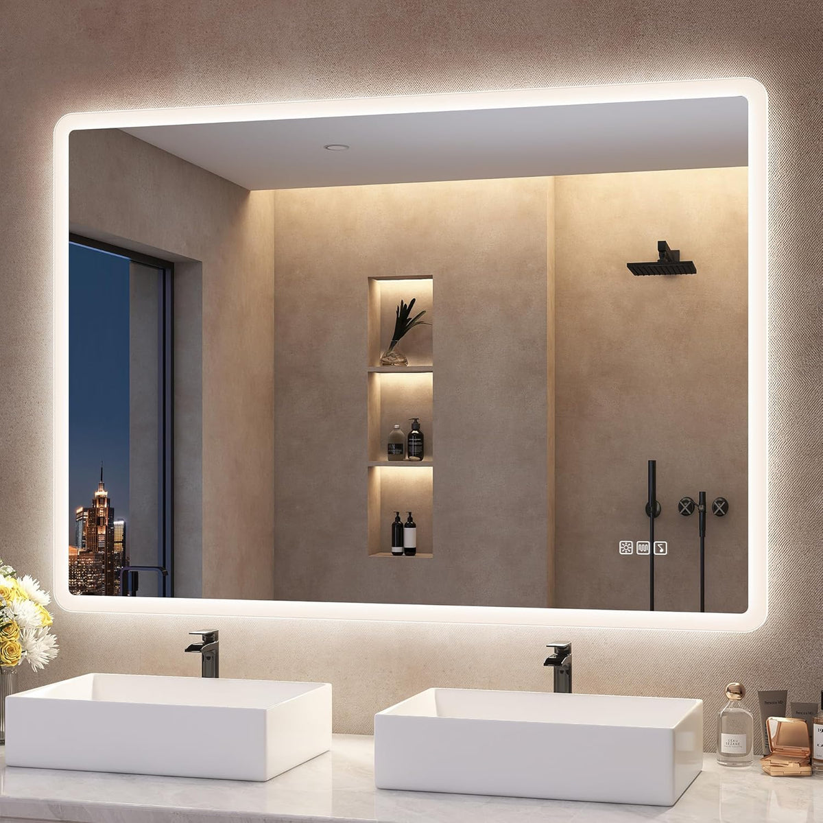S'bagno Lustro łazienkowe z podświetleniem 100x70cm, Lustro łazienkowe LED Bluetooth, Antypara, 3 kolory, Możliwość ściemniania, Pamięć, Szkło hartowane HD, Wodoodporne IP44, Pionowo/Poziomo