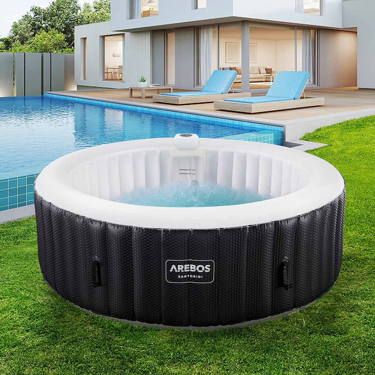 Arebos Nadmuchiwane SPA | Automatyczne pompowanie | Do użytku wewnątrz i na zewnątrz | Ø 208 cm | 6 osób | Taśma świetlna LED | 130 dysz masujących | 1000 L | Pokrywa w zestawie | Bubble SPA i masaż wellness