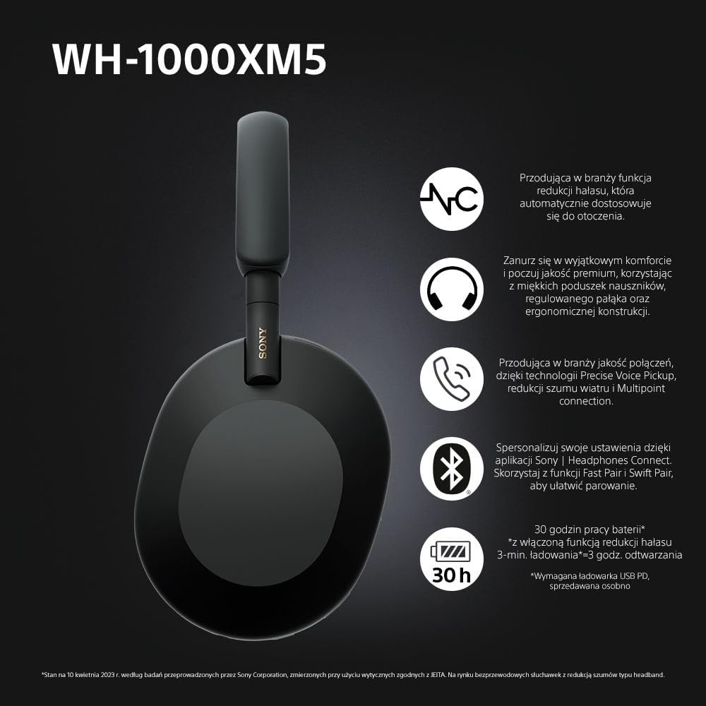Sony WH-1000XM5 ANC Bezprzewodowe Słuchawki Nauszne z Redukcją Hałasu, Bluetooth, Clear Call Quality, Hi-Res, Do 30H Baterii, Szybkie Ładowanie, Alexa i Google Assistant, IOS i Android - Czarne