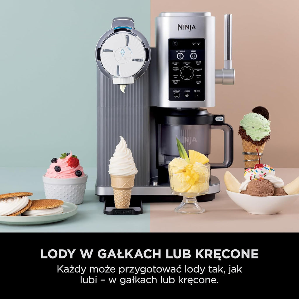 Ninja CREAMI Scoop & Swirl maszynka do lodów z 2 pojemnikami, 13 funkcji, przygotowuje lody, lody włoskie, gelato, sorbety, koktajle mleczne i inne desery, opcja dodatków, Srebrny, NC701EU