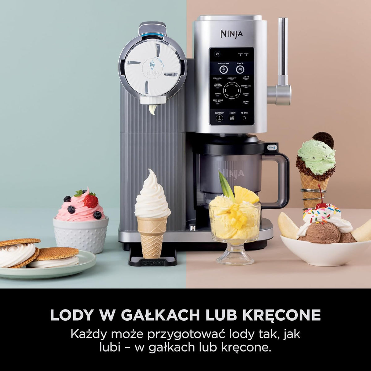 Ninja CREAMI Scoop & Swirl maszynka do lodów z 2 pojemnikami, 13 funkcji, przygotowuje lody, lody włoskie, gelato, sorbety, koktajle mleczne i inne desery, opcja dodatków, Srebrny, NC701EU
