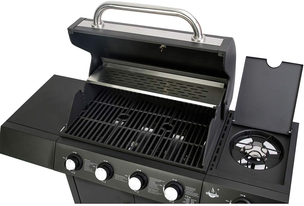El Fuego® Grill gazowy "San Angelo 4+1", 4 główne palniki + 1 palnik boczny, stal nierdzewna, w zestawie wąż gazowy i reduktor ciśnienia, grill na kółkach, AY 582
