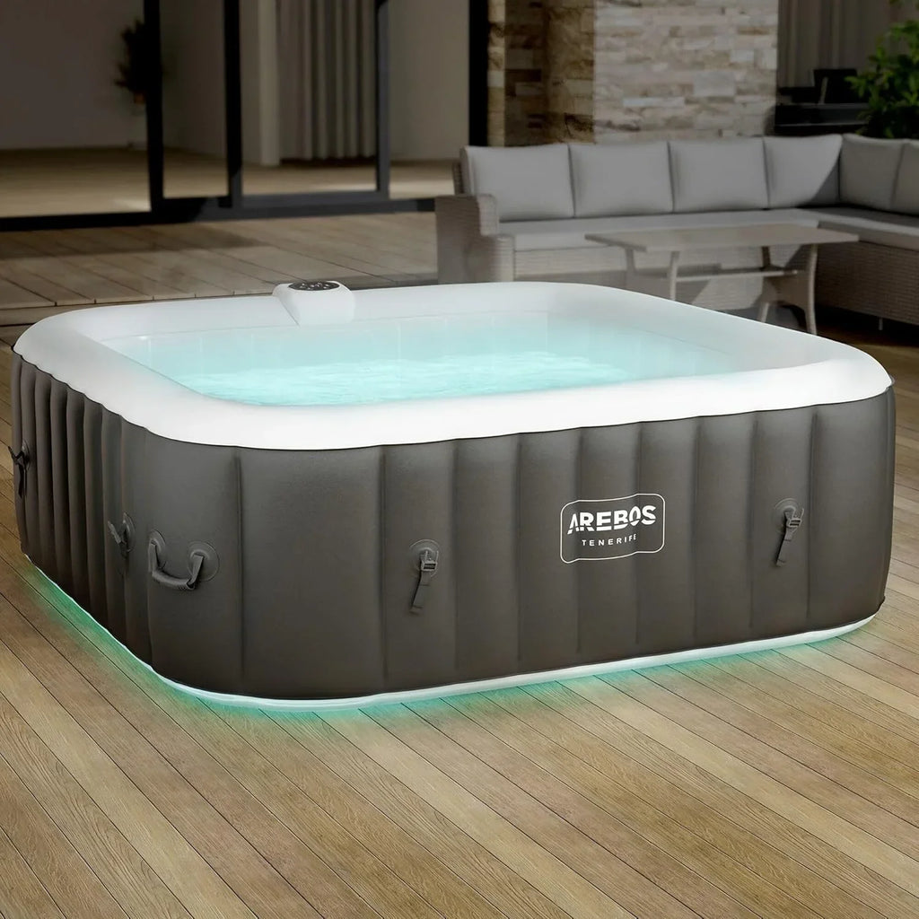 Dmuchane spa Arebos | Jacuzzi | 185 x 185 cm | dla 6 osób | świecąca taśma LED | 130 dysz masujących | 910 litrów | w zestawie pokrywa | masaż bąbelkowy i relaks