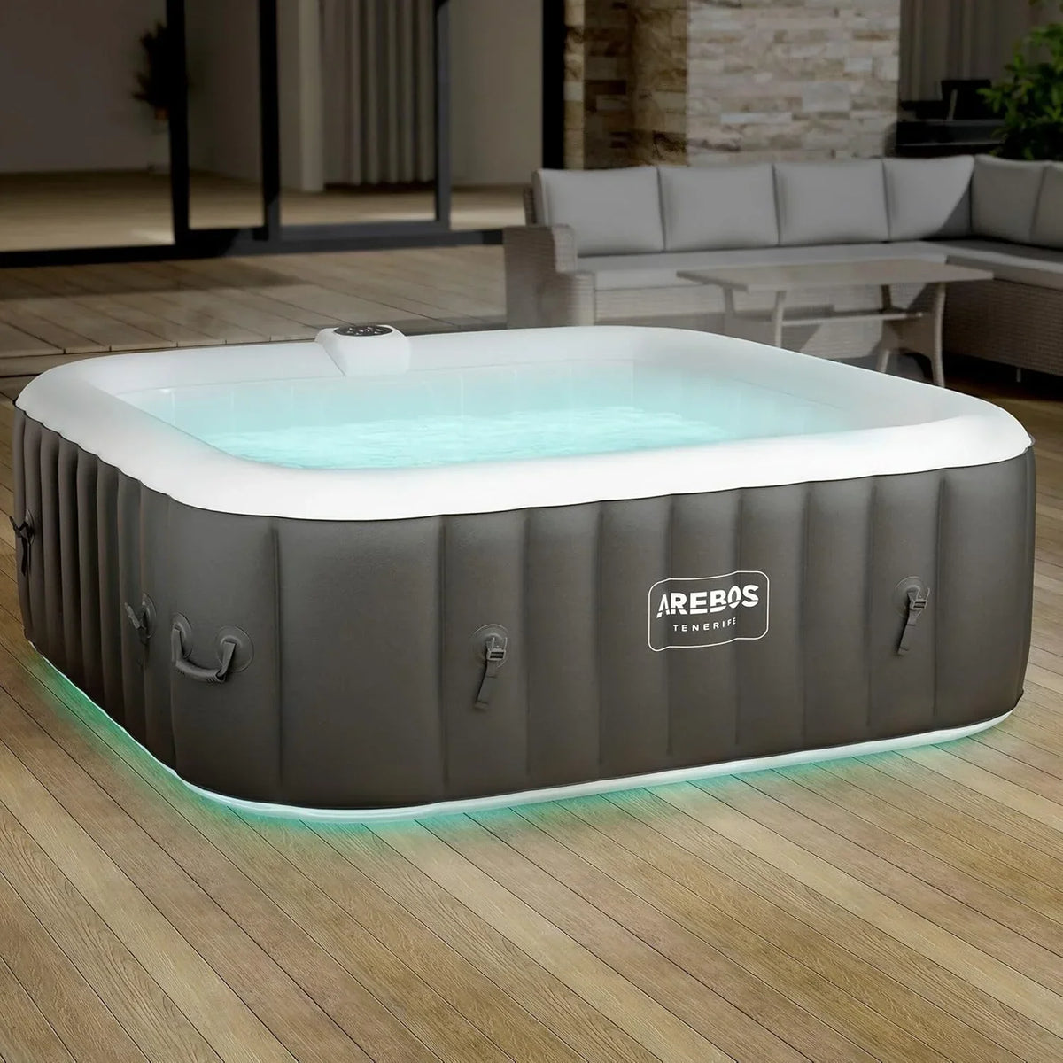 Dmuchane spa Arebos | Jacuzzi | 185 x 185 cm | dla 6 osób | świecąca taśma LED | 130 dysz masujących | 910 litrów | w zestawie pokrywa | masaż bąbelkowy i relaks