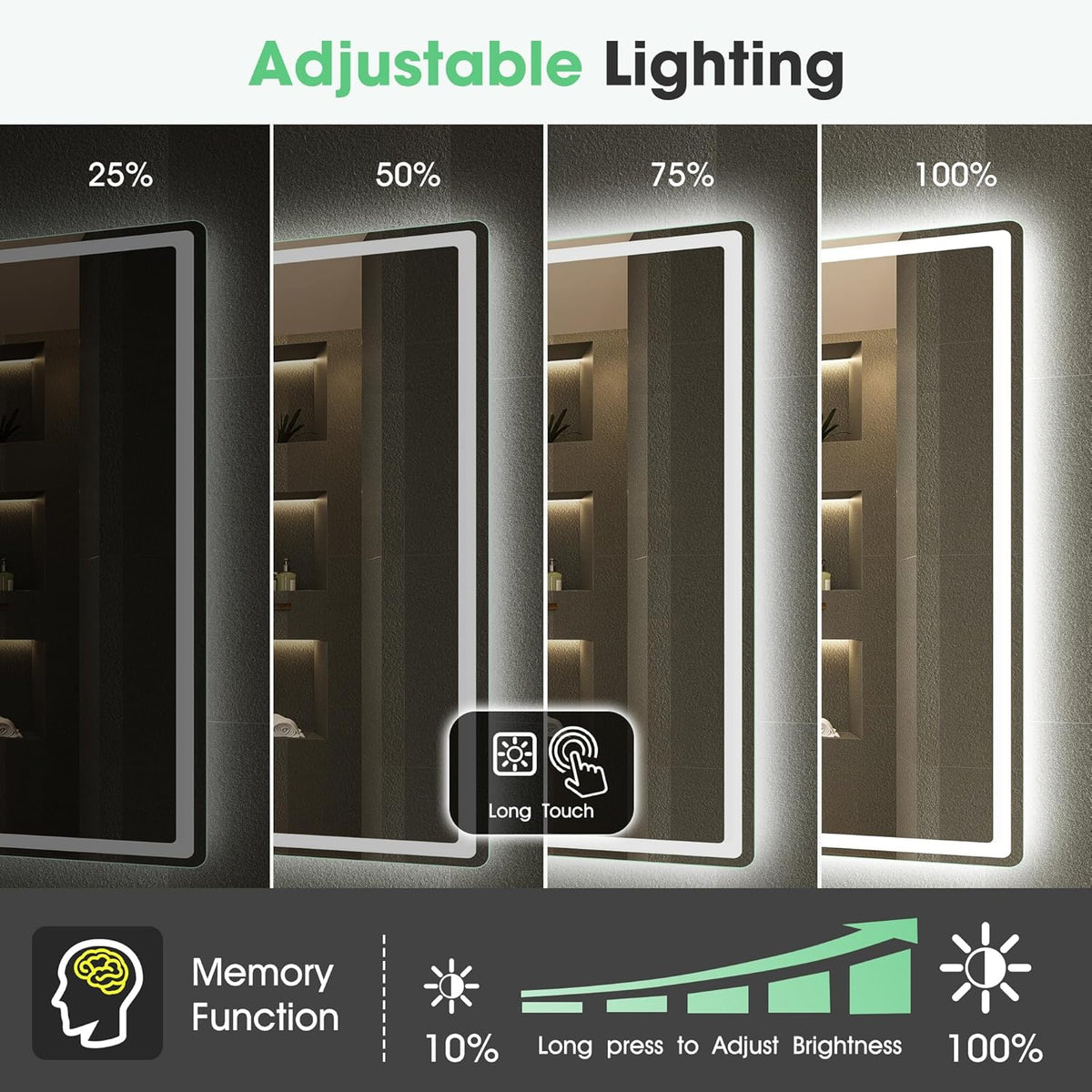 S'bagno Lustro Łazienkowe z Oświetleniem 120x70cm, Lustro LED Bluetooth z Funkcją Odmgławiania, 3000K/4000K/6500K, Ściemnialne, Pamięć, Szkło Hartowane HD, IP44-Lustra Łazienkowe LED, Poziomo/Pionowo