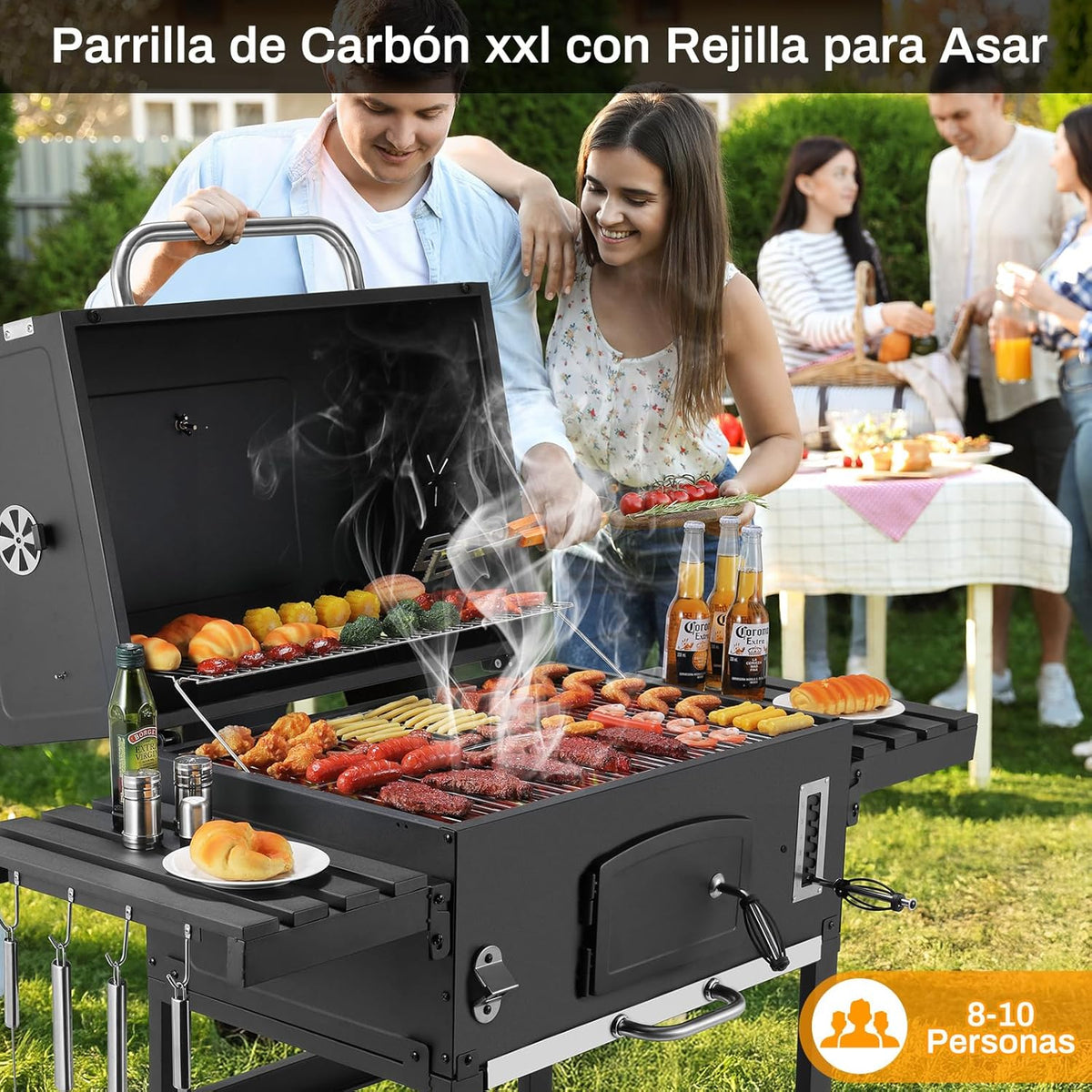 Grill Węglowy XXL, Grill Węglowy z Kominem i Pokrywą, Grill Wózkowy BBQ Smoker z Kółkami i Termometrem, Duży Grill Węglowy do Biwakowania i Ogrodu