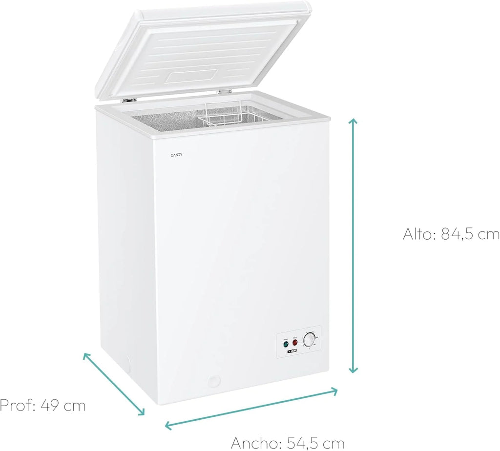 Candy CCHH 100E, Pozioma zamrażarka skrzyniowa, Szerokość 55CM, 97L, Technologia statyczna, 1 kosz, Zewnętrzne sterowanie elektroniczne, Wskaźnik temperatury, Alarm wzrostu temperatury, 39DB, Biała
