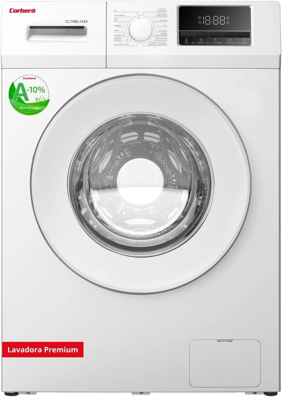 Corberó - Pralka Ładowana Od Przodu Premium 8kg | CLT8BL1424 | 1400 obr./min | Silnik Inverter, 16 Programów, Opóźnienie Startu 3-24 Godziny, Szybkie Pranie 15-30 Min., Drzwi XXL | Biały