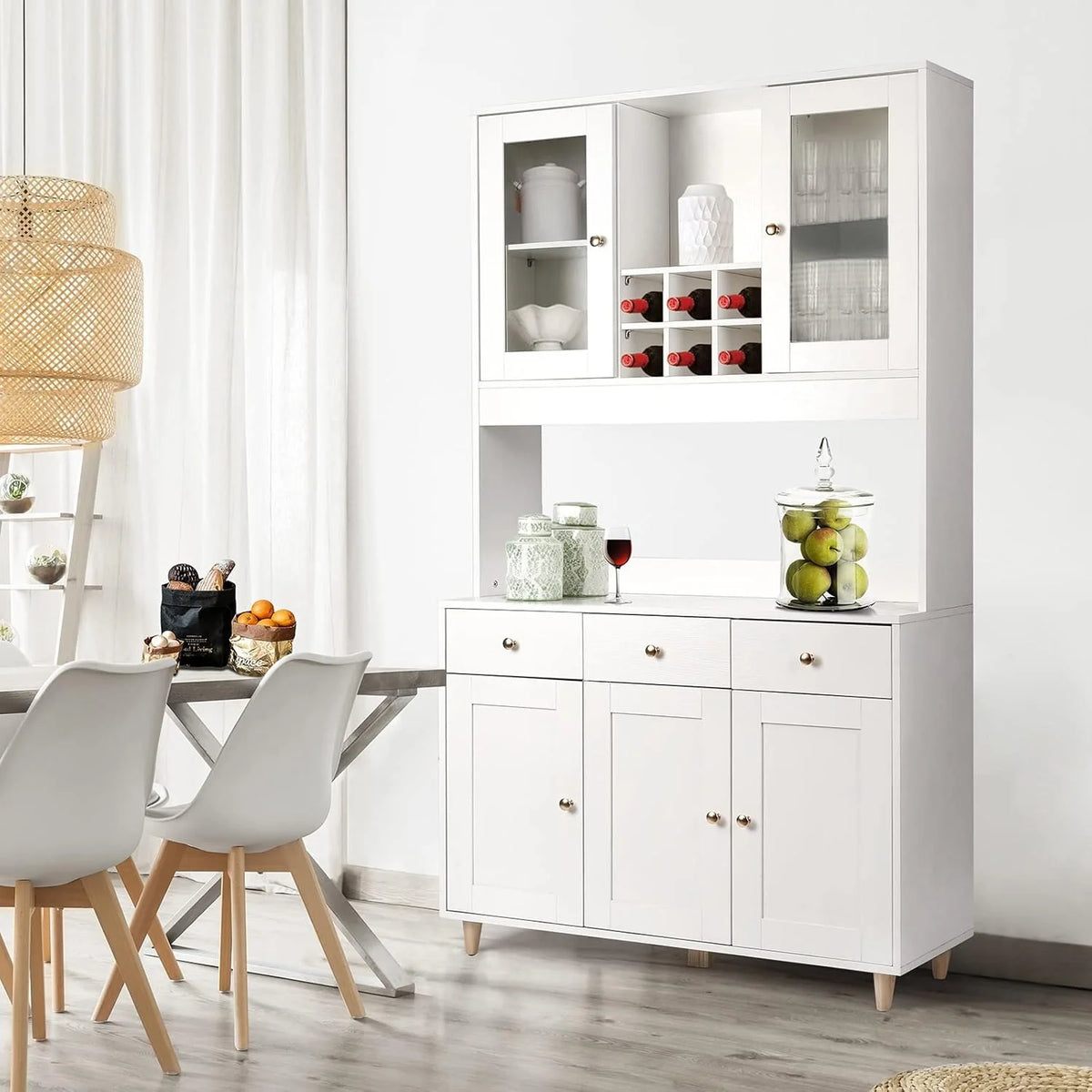 VOWNER Szafka kuchenna/kredens, 100L x 38W x 181H cm, Regał do przechowywania, 5 Drzwi i 5 Regulowanych Półek, Biały
